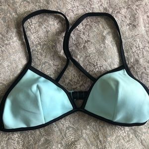 Blue and black bikini top.